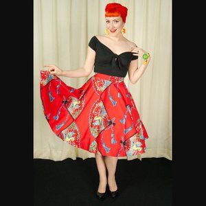 Trashy Diva Japanese Red w. Multicolor Fans Cotton Circle Midi Skirt women’s 6